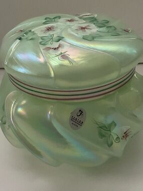 Fenton Wavecrest Sea Green Satin Candy Box Hand Painted Floral Iridescent Glass